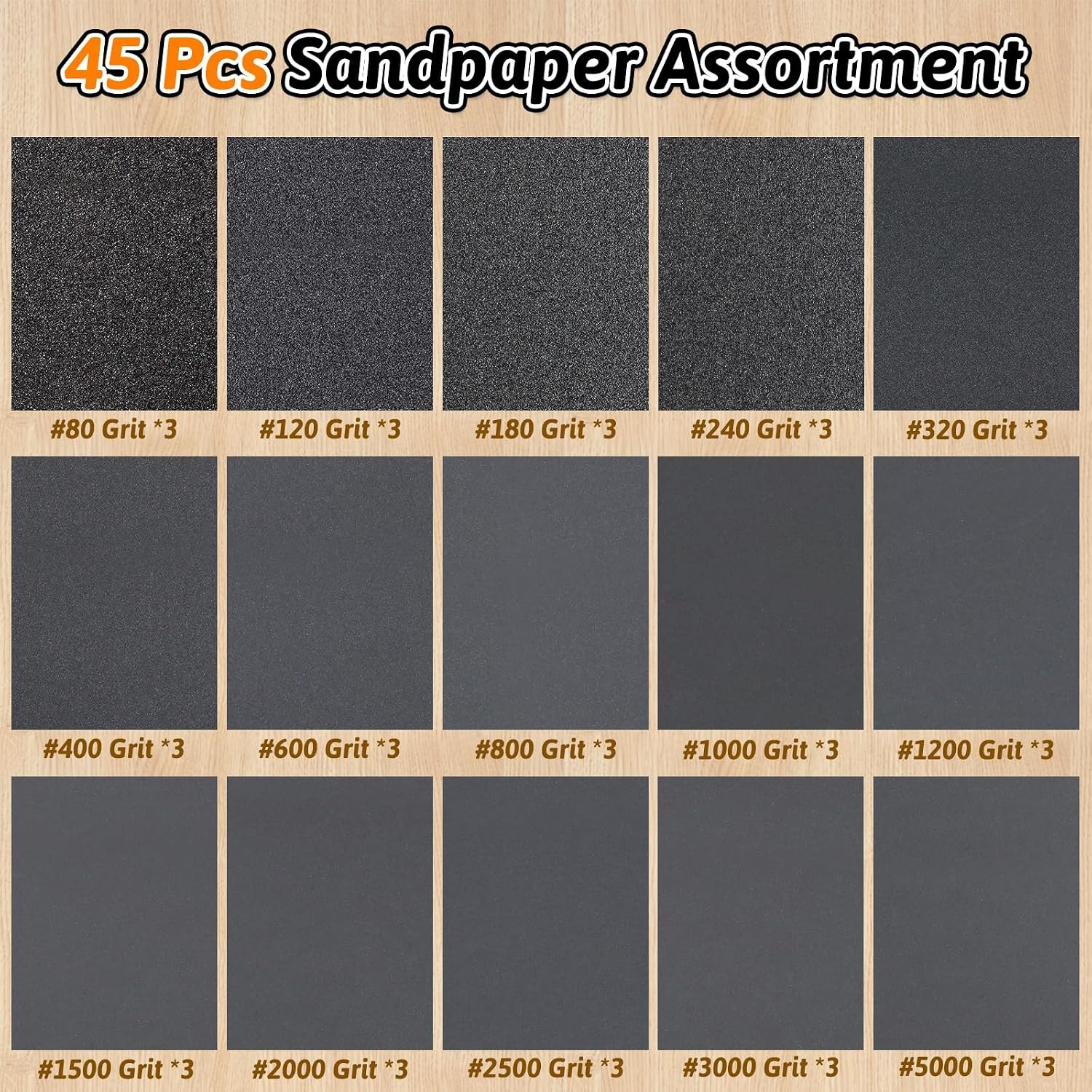 45 Pcs Sandpaper Assortment 80-5000 Grit Wet Dry Sandpaper Sheets, 9 x 3.6 Inch