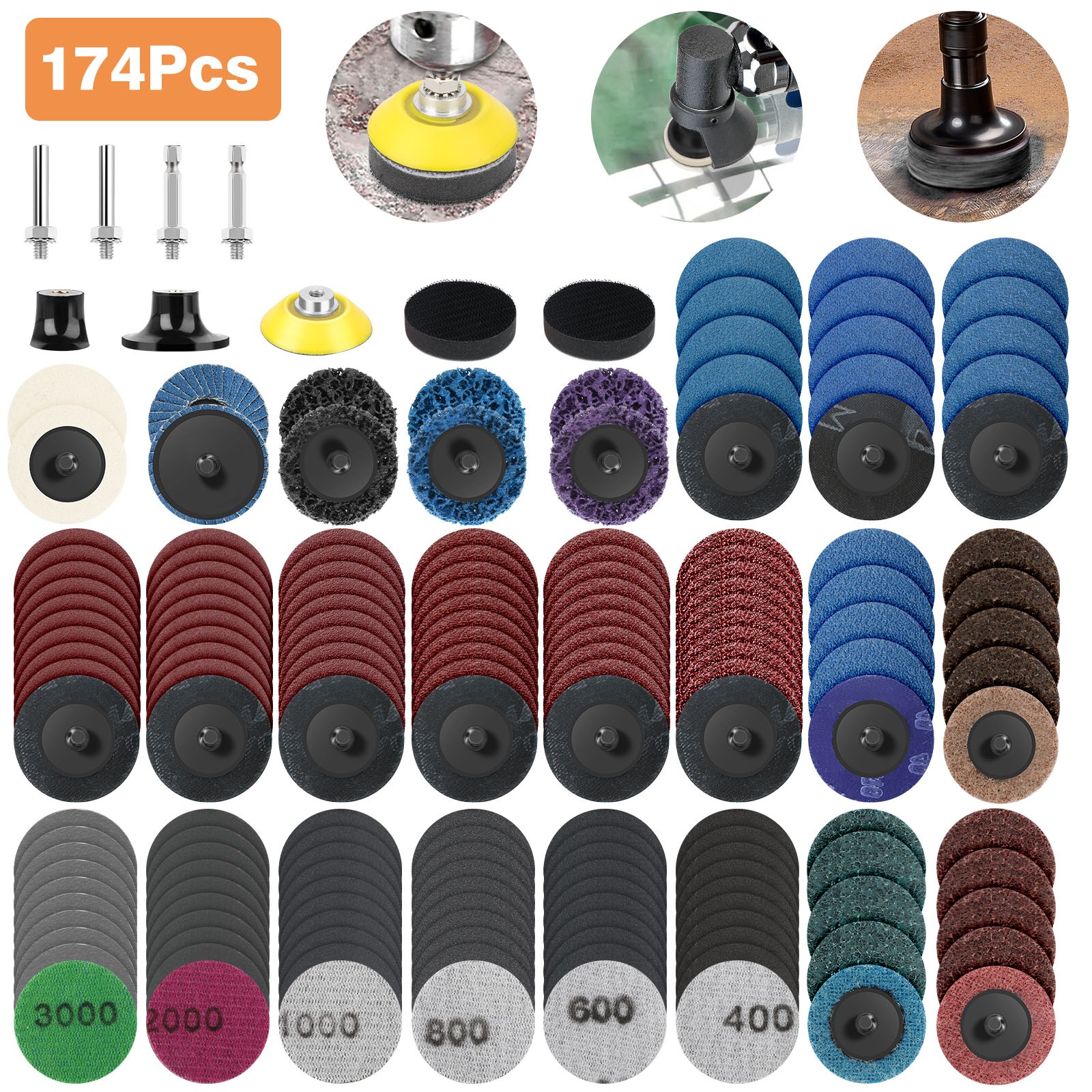 174x 2″ Sanding Disc Set 40-3000Grit 1/4″Shank for Drill Die Grinder Rotary Tool