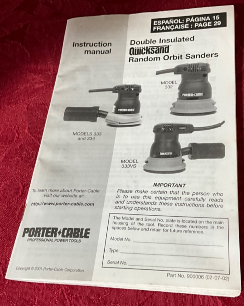 Porter Cable Quicksand Random Orbit Sanders Instruction Manual 332, 333, 334 GUC