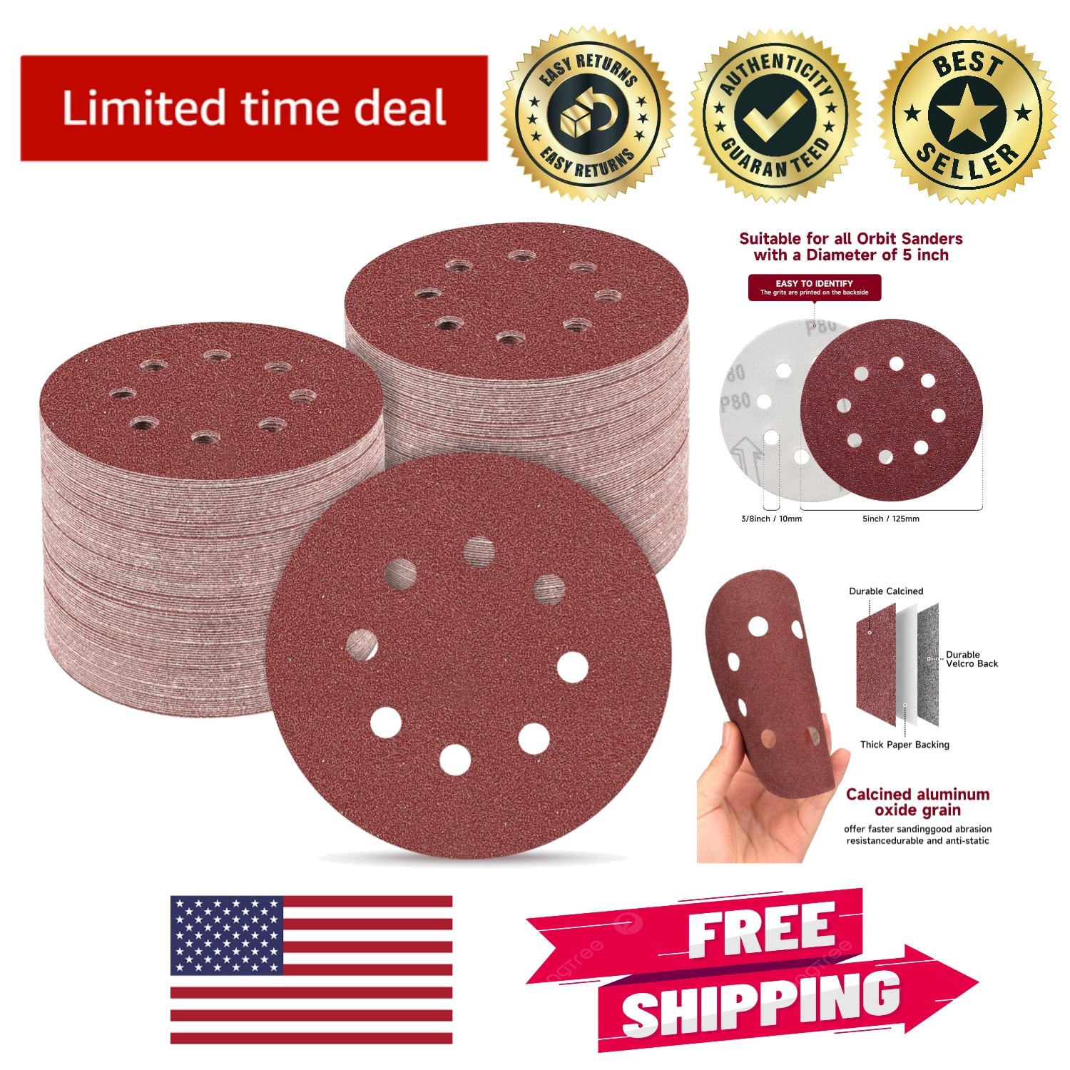 100 Hook and Loop 5 Inch Sanding Discs 80 Grit – Aluminum Oxide Quality