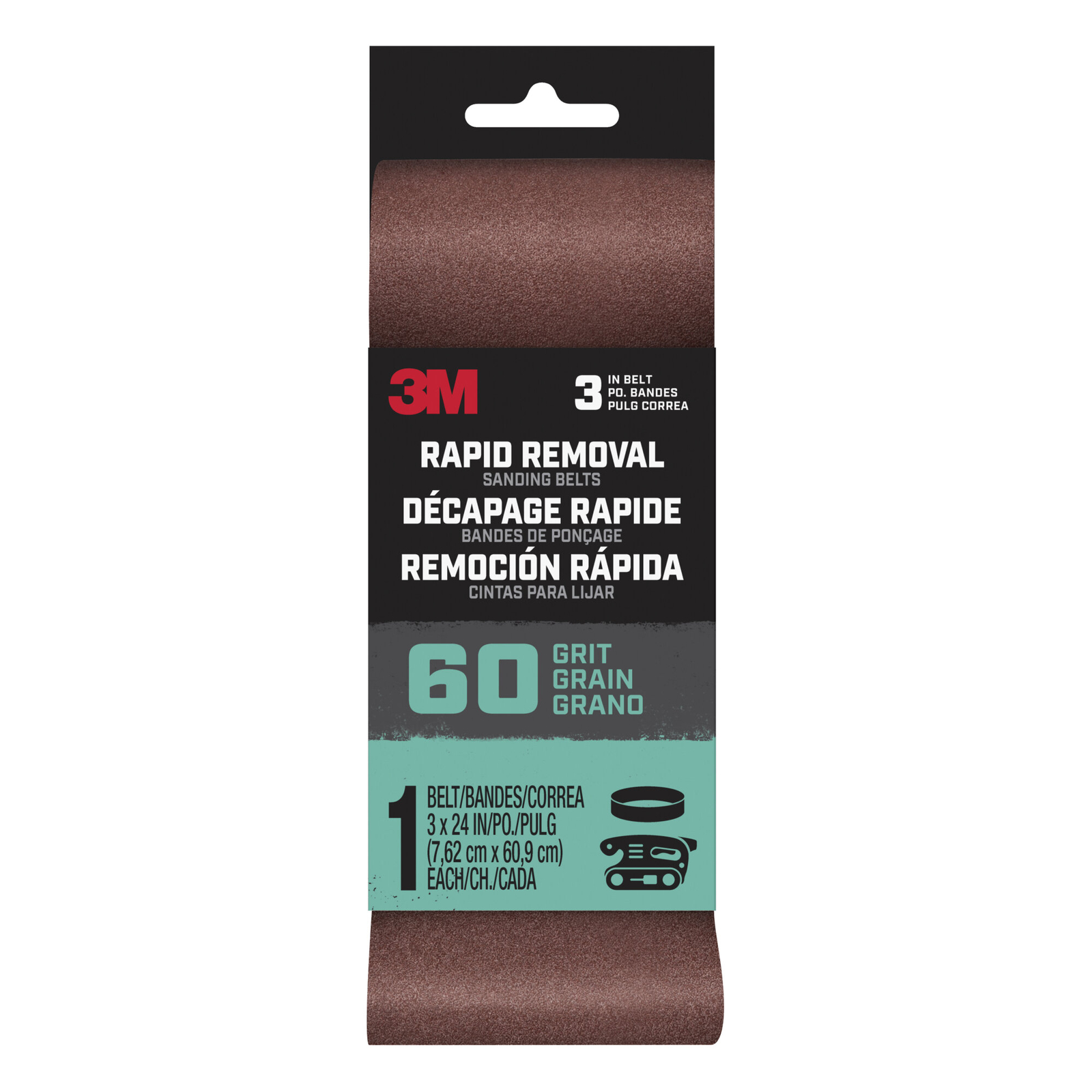 3M Rapid Removal 3 x 24 inch Power Sanding Belt, 60 grit,Belt3x241pk60, 1 pk