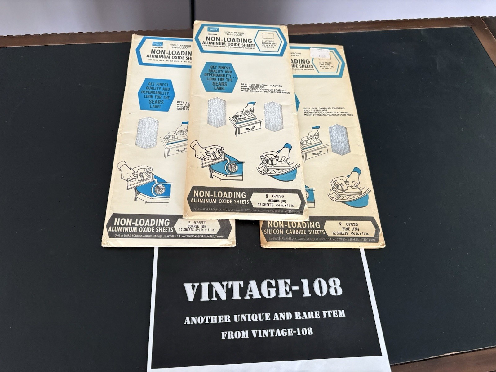 Vintage NOS Sears Aluminum Oxide Sandpaper, Fine/Medium/Coarse packs 120 4.5×11