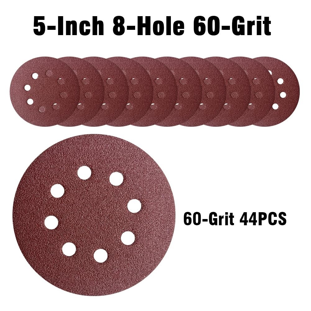 44 Pack 5 Inch 8-Hole Hook and Loop Sanding Discs Sandpaper Red Round 60 Grit…