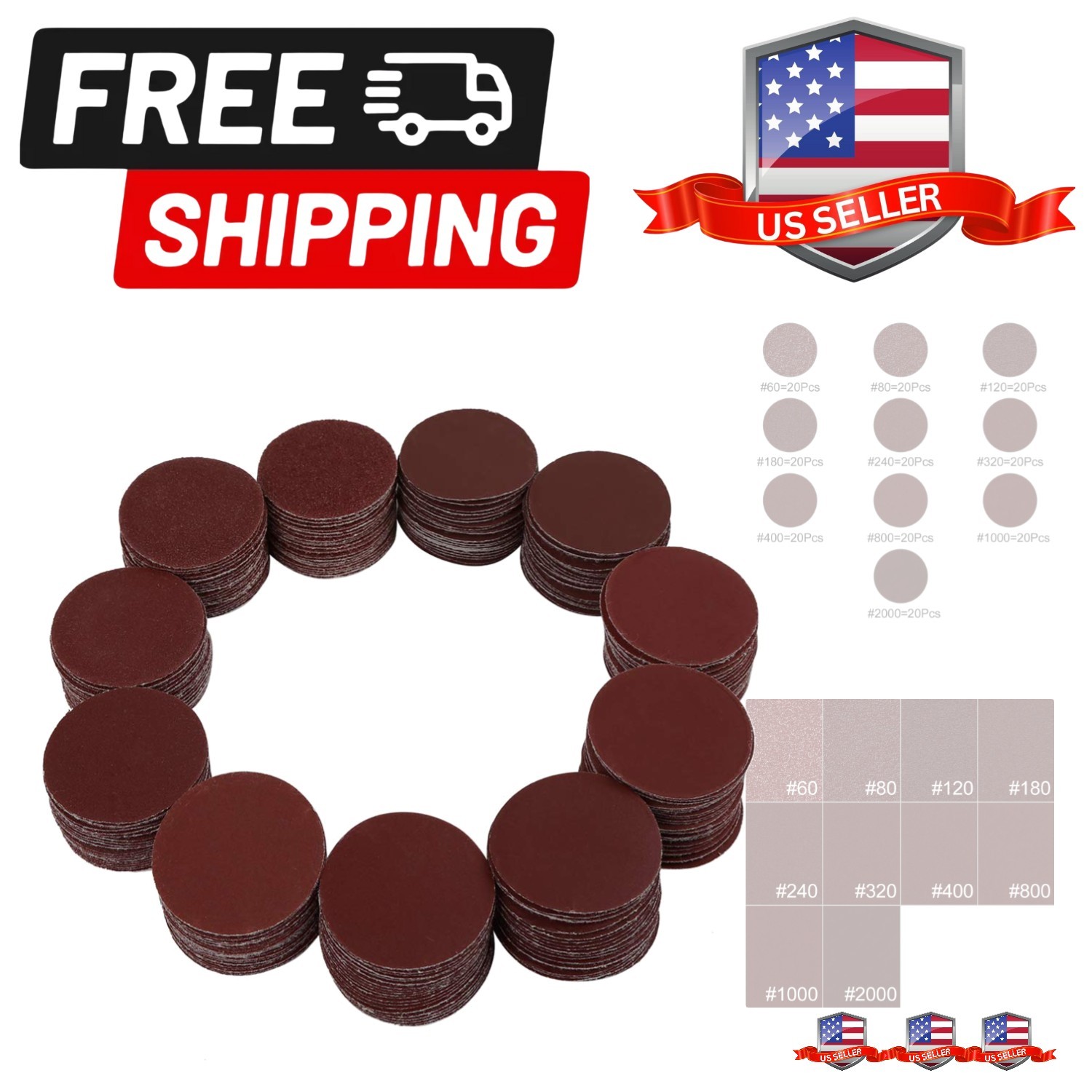 200pcs 2 Inch Hook and Loop Sanding Discs Sandpaper 60 80 120 180 240 320 400…