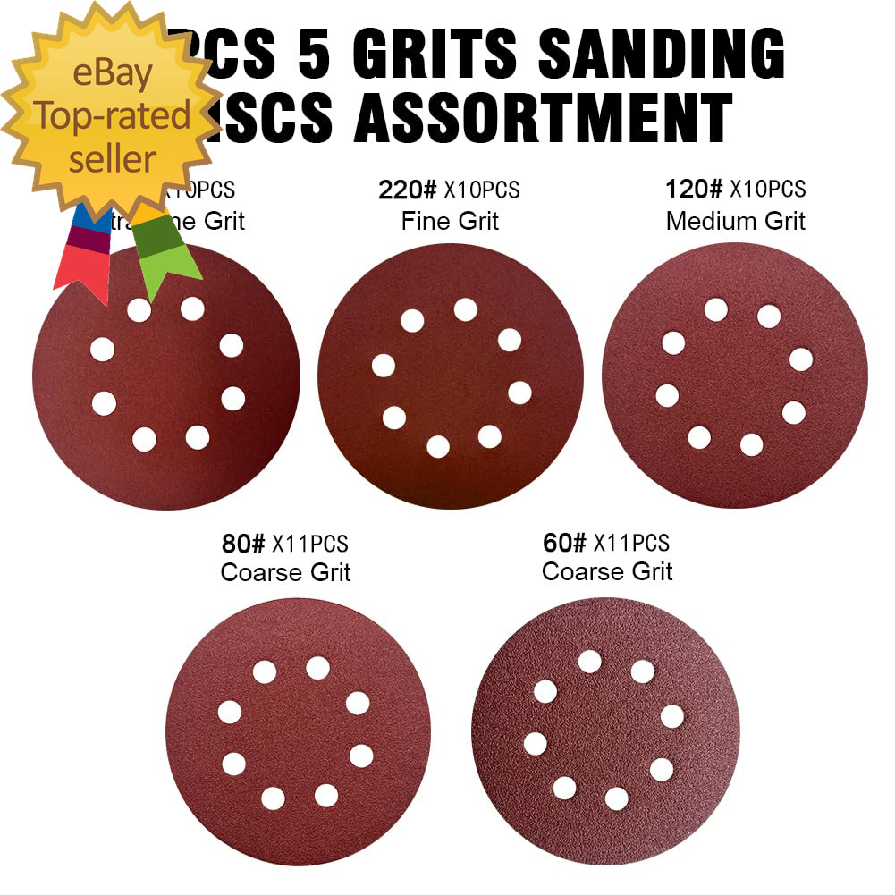 52 Pack 5 Inch 8-Hole Hook and Loop Sanding Discs Sandpaper Red round 60 80