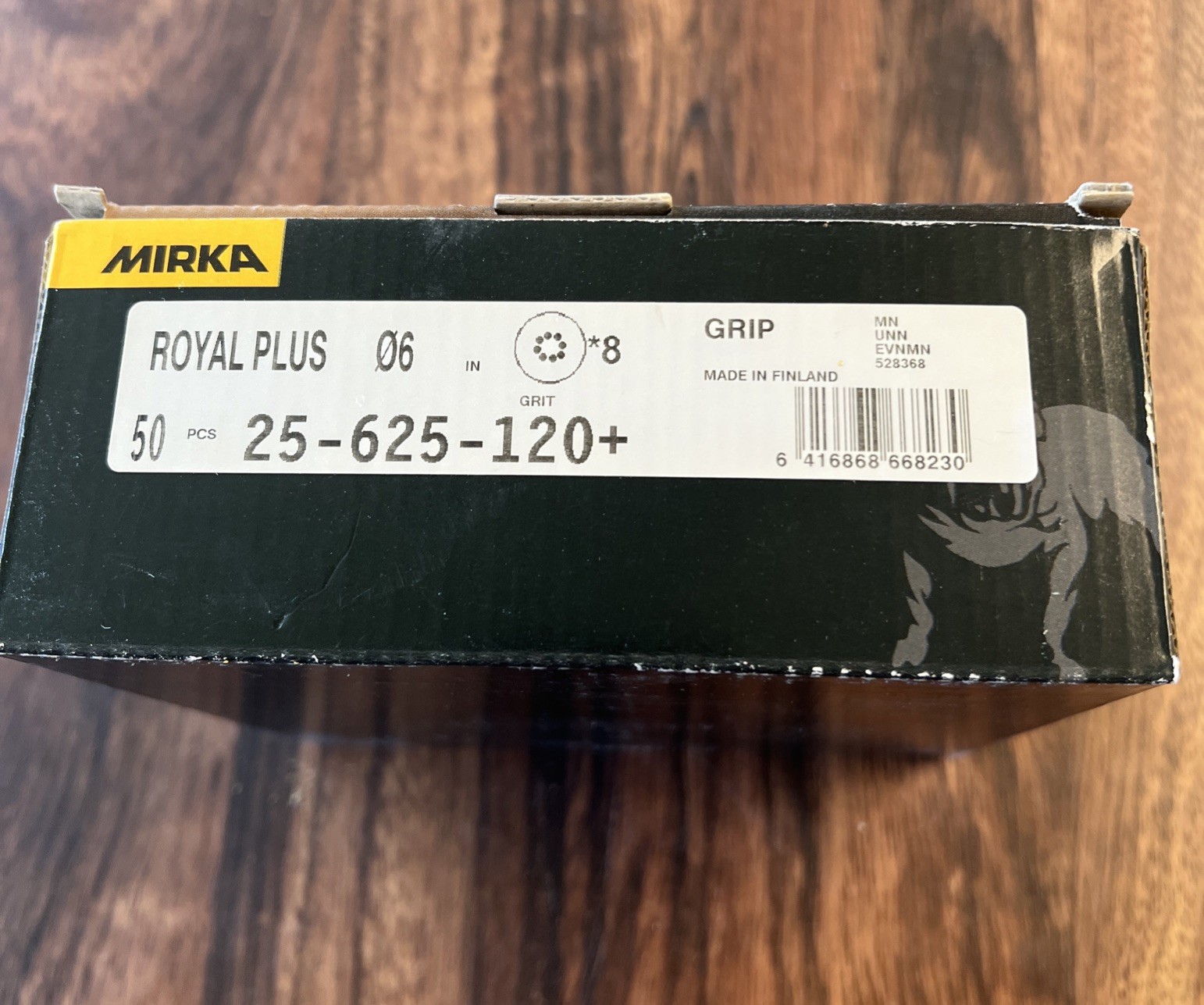 50pcs Mirka Royal Plus 25-625-120 6″ 8 Hole 120 Grit Hook and Loop Sanding Discs