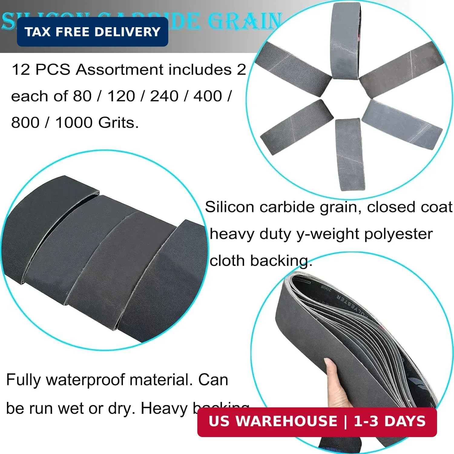 12 PCS 4 x 36 Inch Silicon Carbide Sanding Belts Assortment- 80, 120, 240, 400,