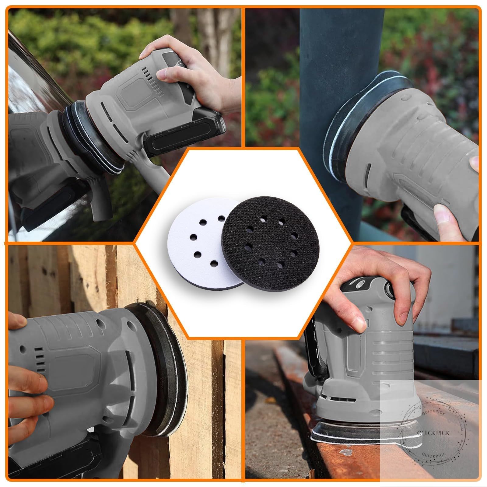 6 Pack 5 Inch 8 Hole Foam Sanding Pads Soft Density Interface Pad, Hook and Loop