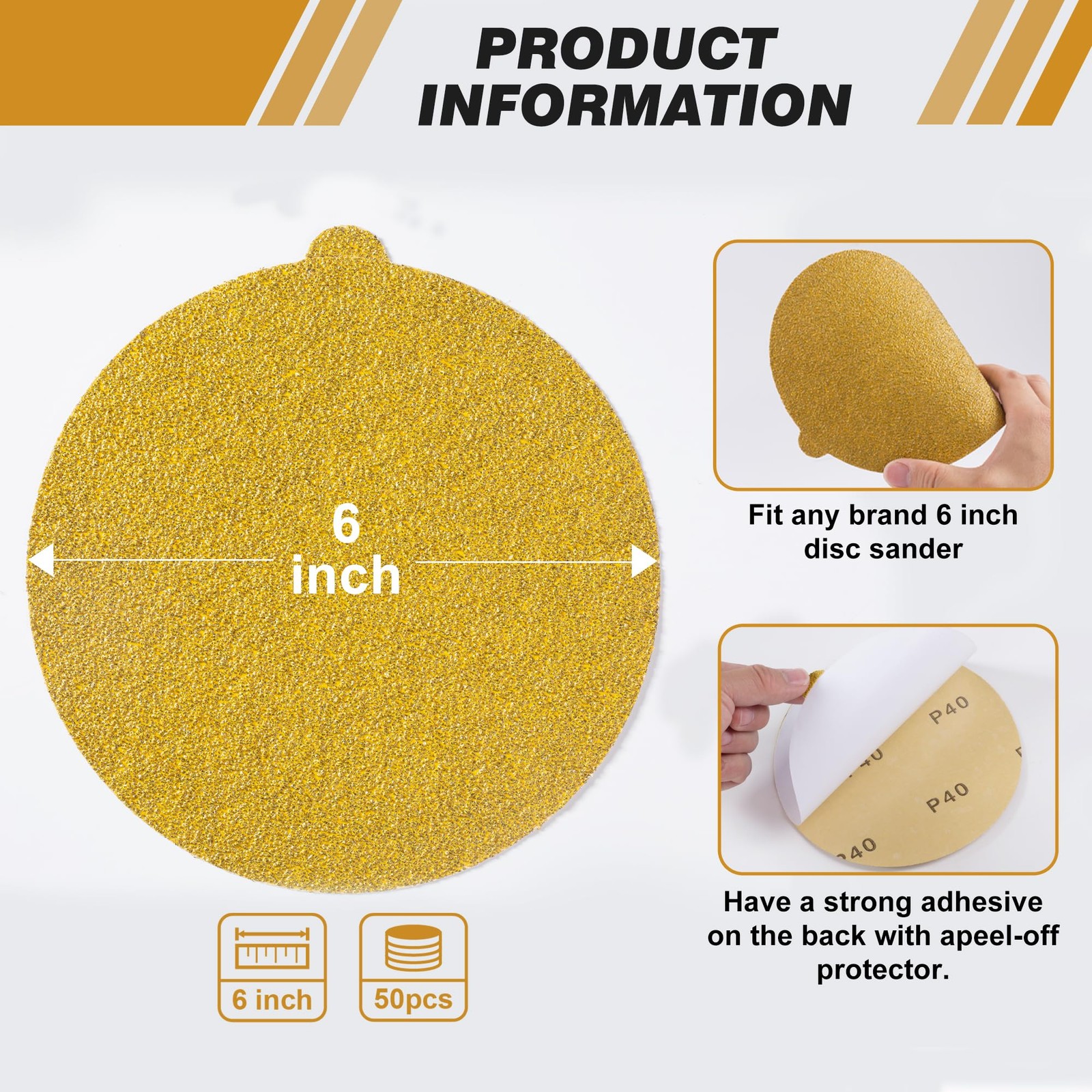 Shawya 50 PCS 6 Inch PSA Sanding Discs 40 Grit Self Adhesive 6 inch, Yellow