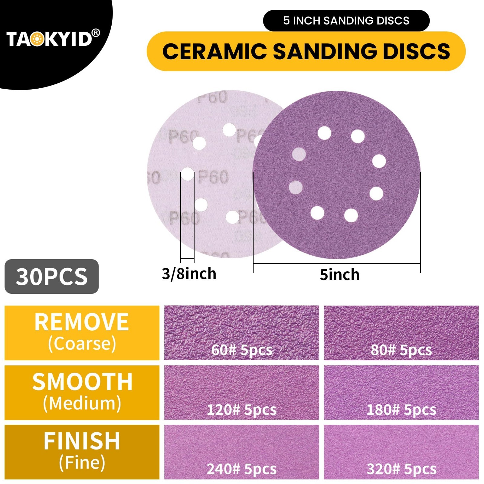 5″ Sander Pad Compatible with Random Orbit Sanders, 4 Foam Pads & 30 Ceramic Dis