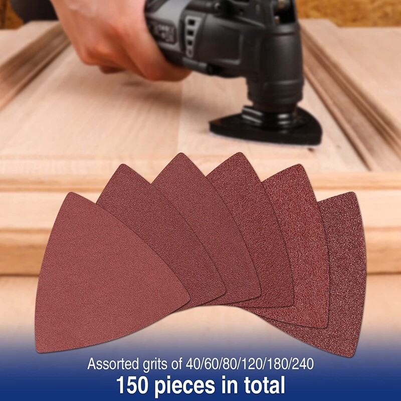 WORKPRO 150PCS 3-1/8″ Triangle Sanding Pads Hook Loop 40/60/80/120/180/240 Grits