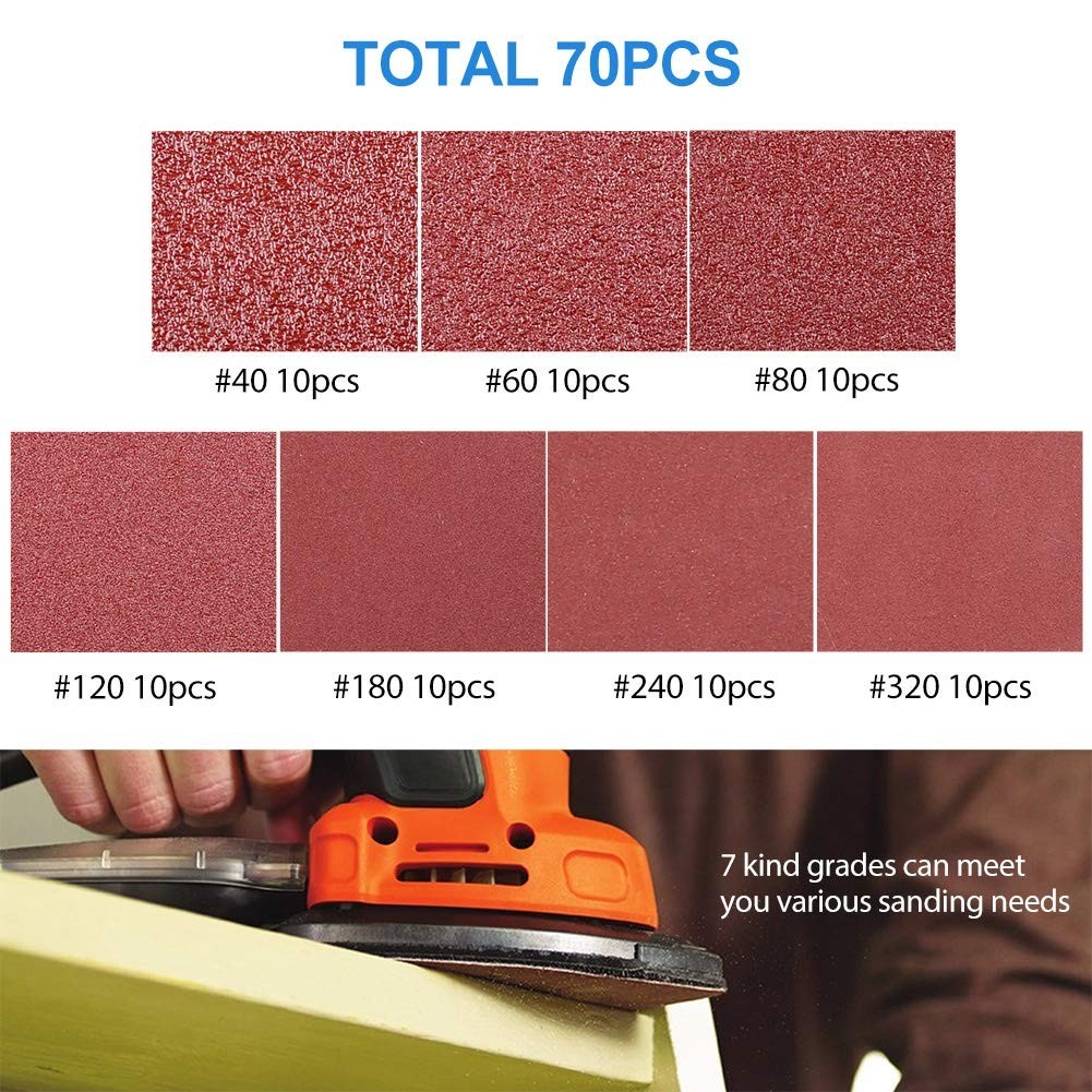 Mouse Sander Sandpaper, 70PCS, 6 Hole Triangle Sanding Pads for Ryobi Detail