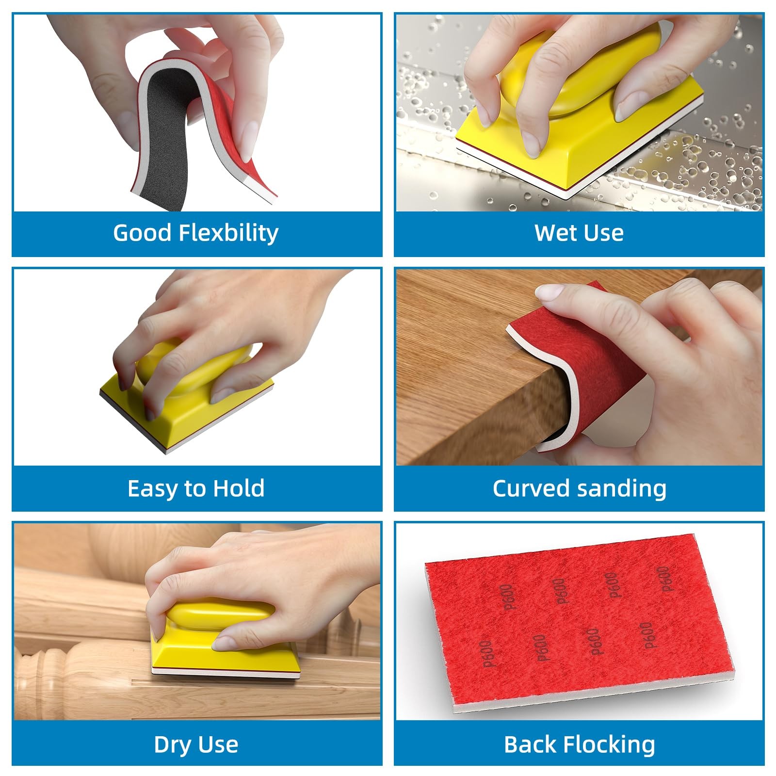 Sanding Sponge Set Reusable 3×4 Inch Wet Dry Foam Blocks Wood Furniture Metal
