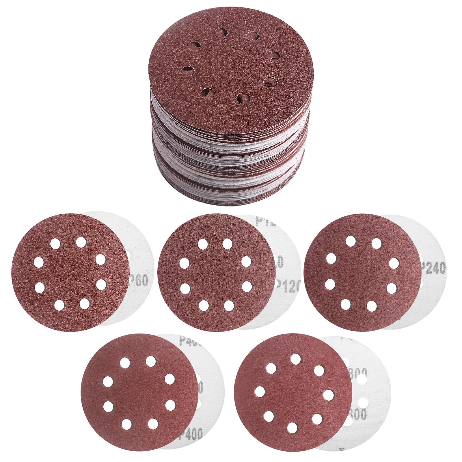 5 Inch Sanding Discs 8 Hole Hook Loop 50pc Orbital Sander Pads Grit 60800