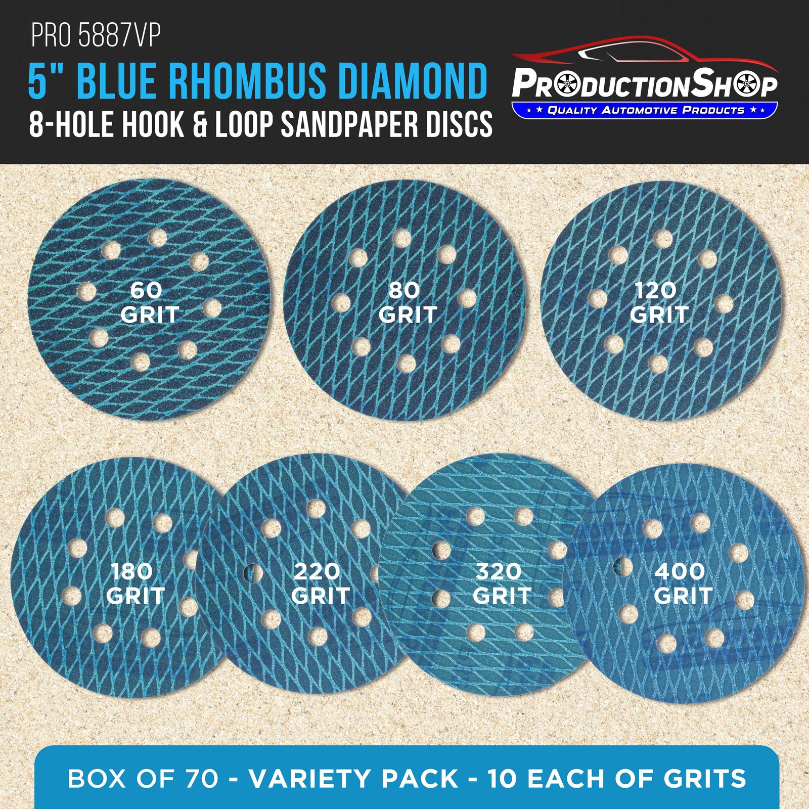 5″ Diamond Shape 8-Hole Sanding Discs 70 Disc Variety Pack Hook & Loop Sandpaper
