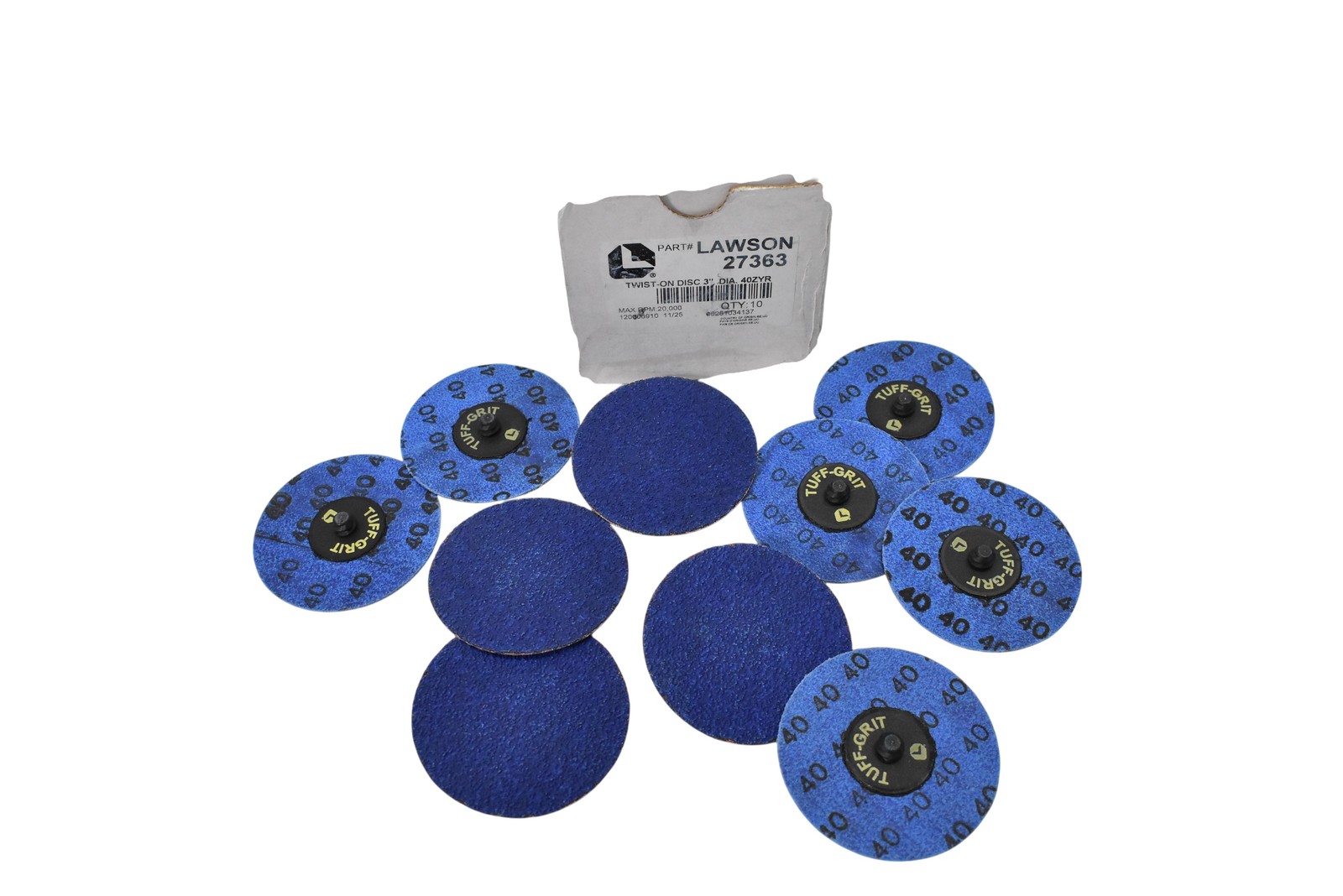 Lawson 27363 3 Inch Sanding Discs 40 Grit Blue Polymer 10 Pack Made In USA