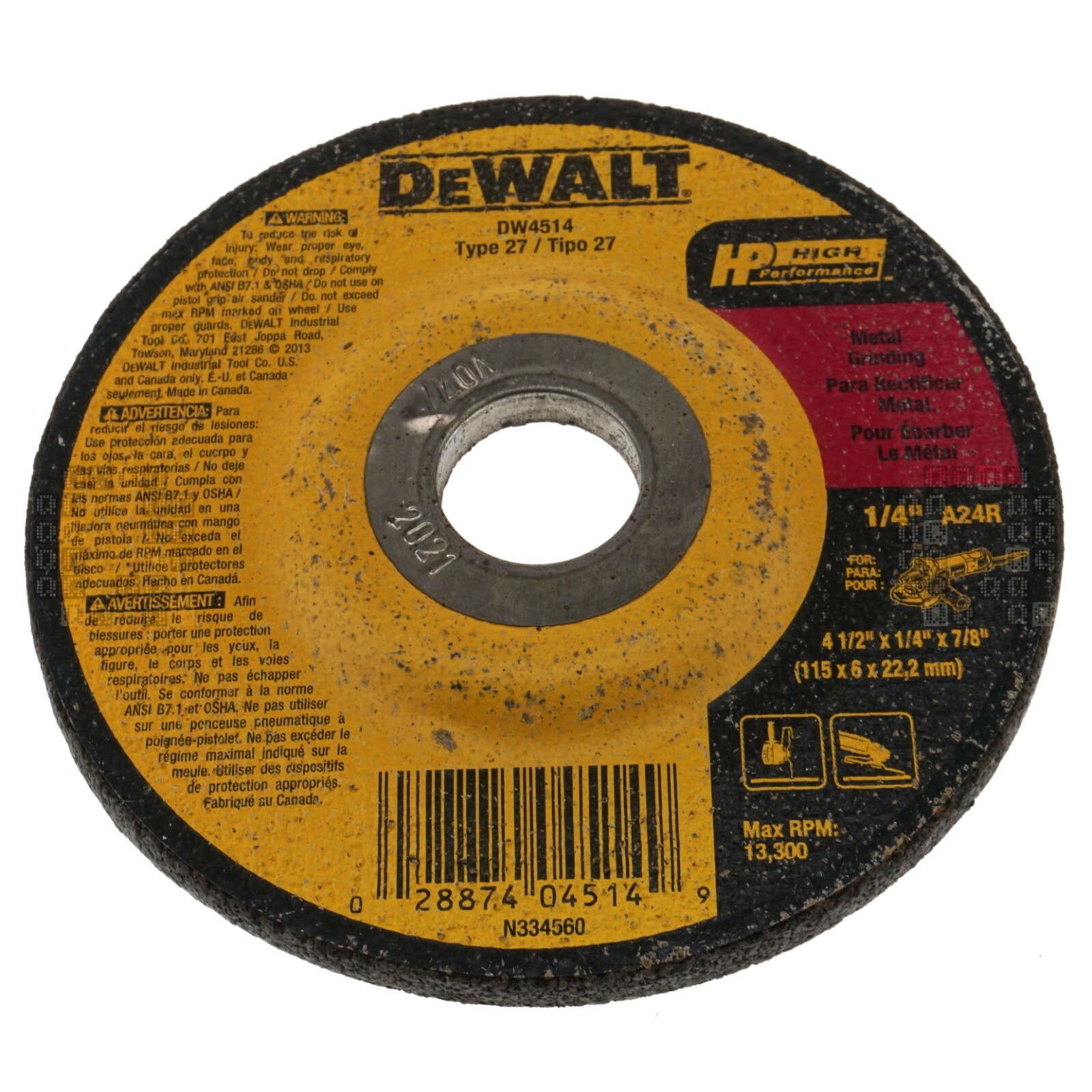 DeWALT DW4514 4-1/2″ Diameter Aluminum Oxide Abrasive Grinding Wheel, 1/4″ Thick