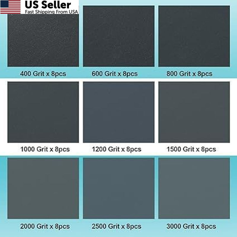 Wet Dry Sandpaper Sheets 400-3000 Grit Assortment Wood Auto Metal 72PC 9×3.6 USA