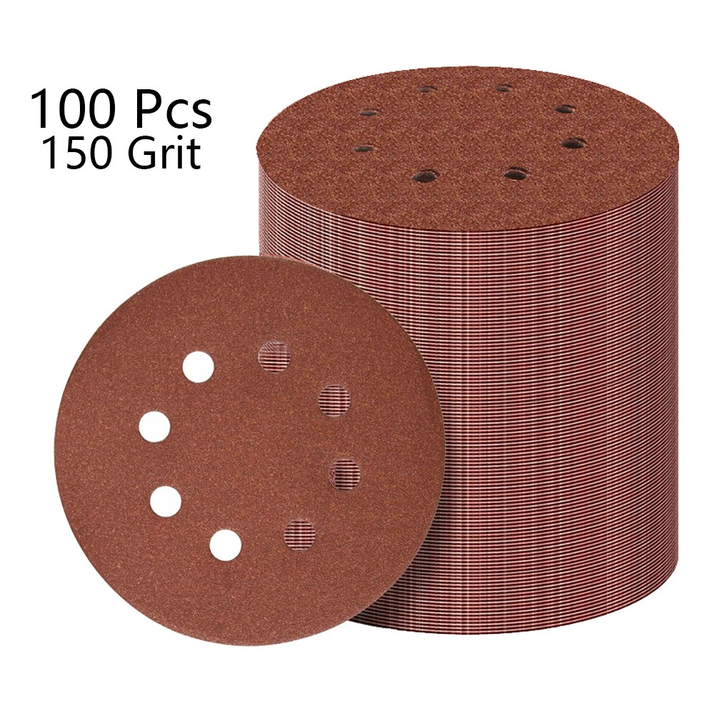 100Pcs 5 inch Sanding Discs 8-Hole Hook Loop for Orbital Sander Paper 150 Grit