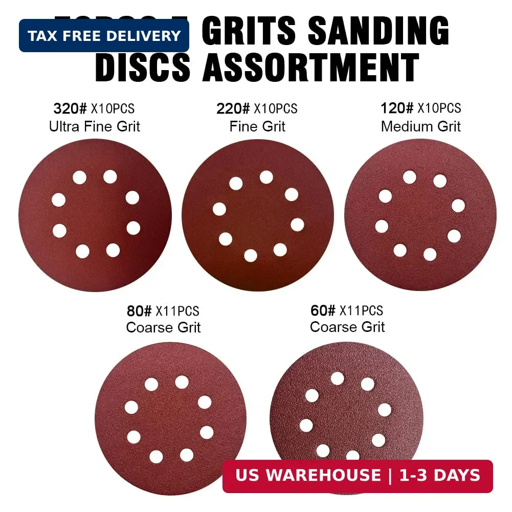 52 Pack 5 Inch 8-Hole Hook and Loop Sanding Discs Sandpaper Red Round 60 80 120