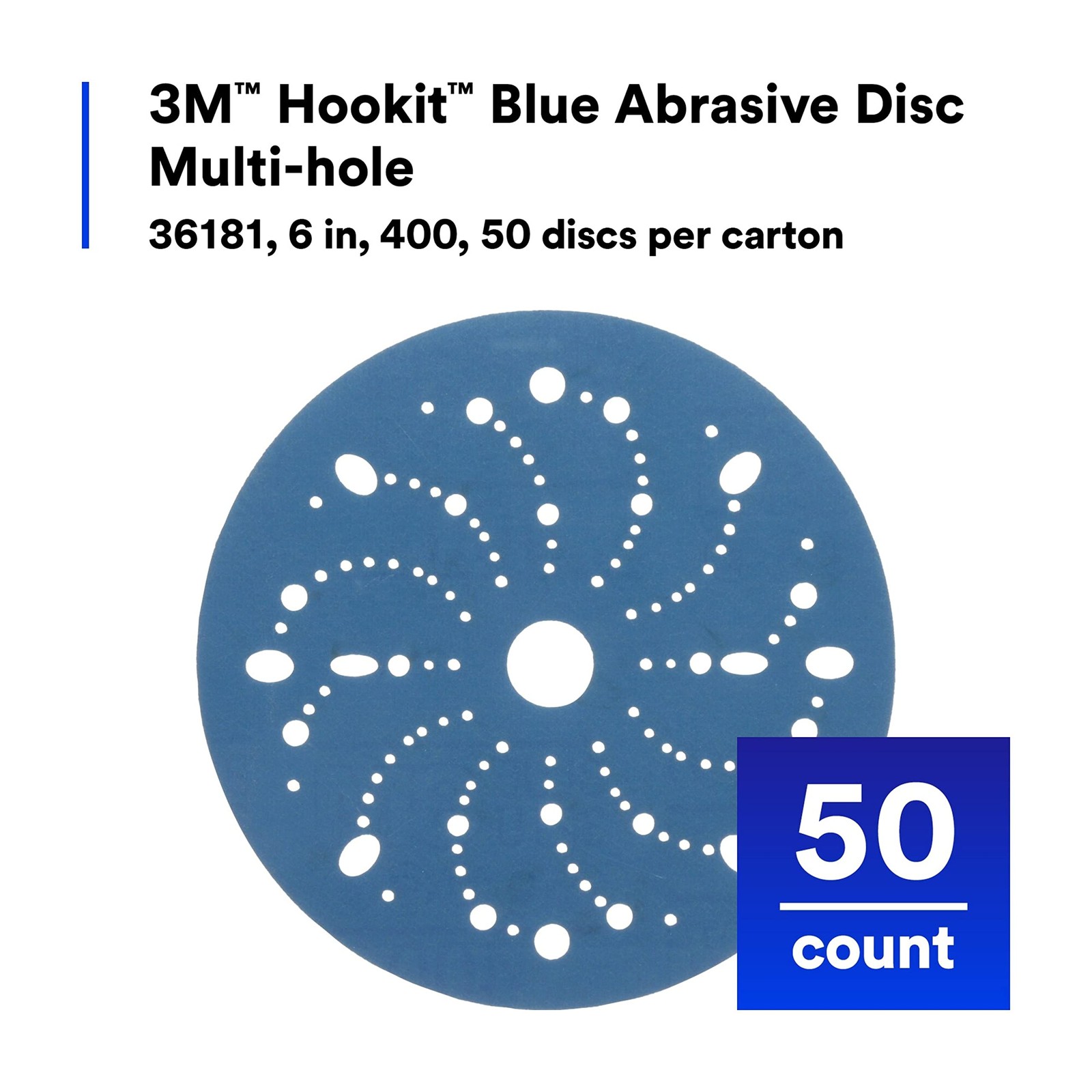 3M Hookit Blue Abrasive Discs 36181, Multi-Hole, 6 in, 6 in diameter,