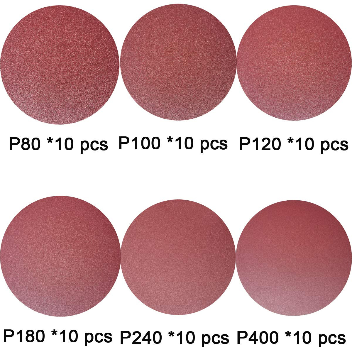 Premium 60 PCS 6″ PSA Sanding Discs – 10 Each of 80 100 120 180 240 400 Grit – 6