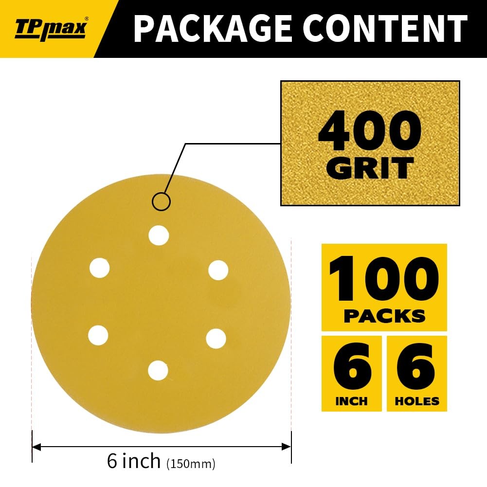 100PCS 6 Inch 400 Grit 150mm 6 Hole Sanding Discs Sandpaper – 6 Inch, Gold
