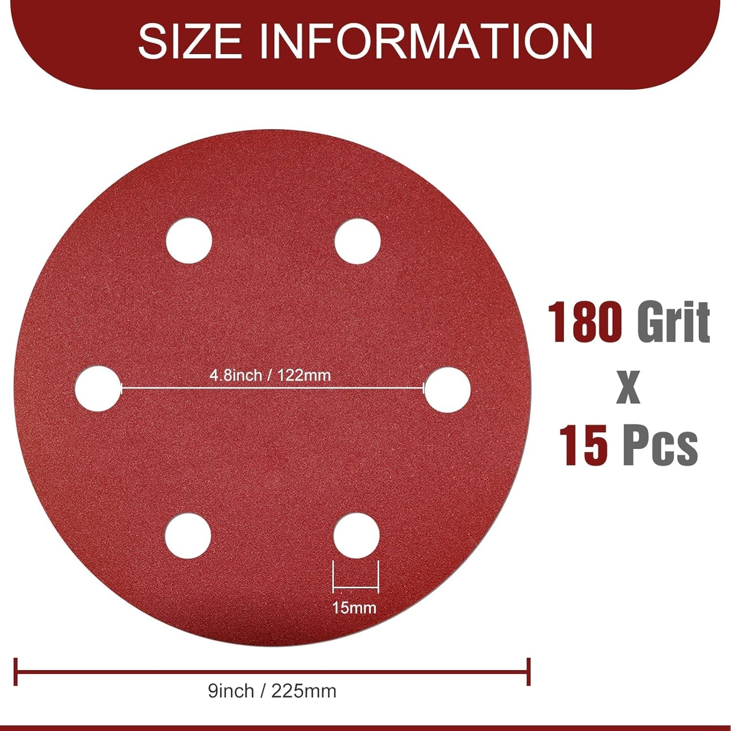9 Inch 6 Hole Sanding Discs 180 Grit Hook and Loop for Drywall Sander 15PCS