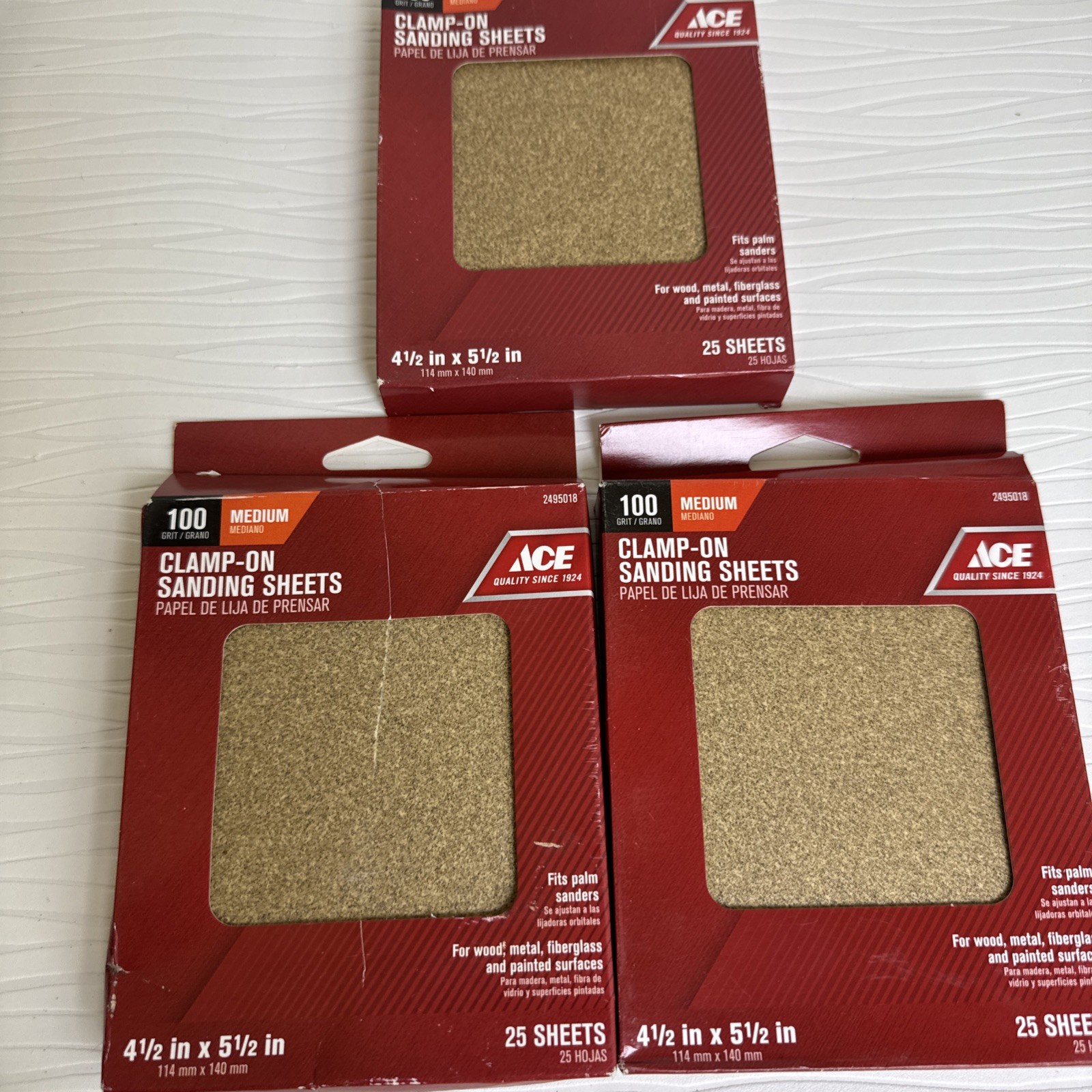 Lot of 3 ACE 2495018 Clamp On Palm Sander Sanding Sheets 100 Grit 4-1/2″X5-1/2″