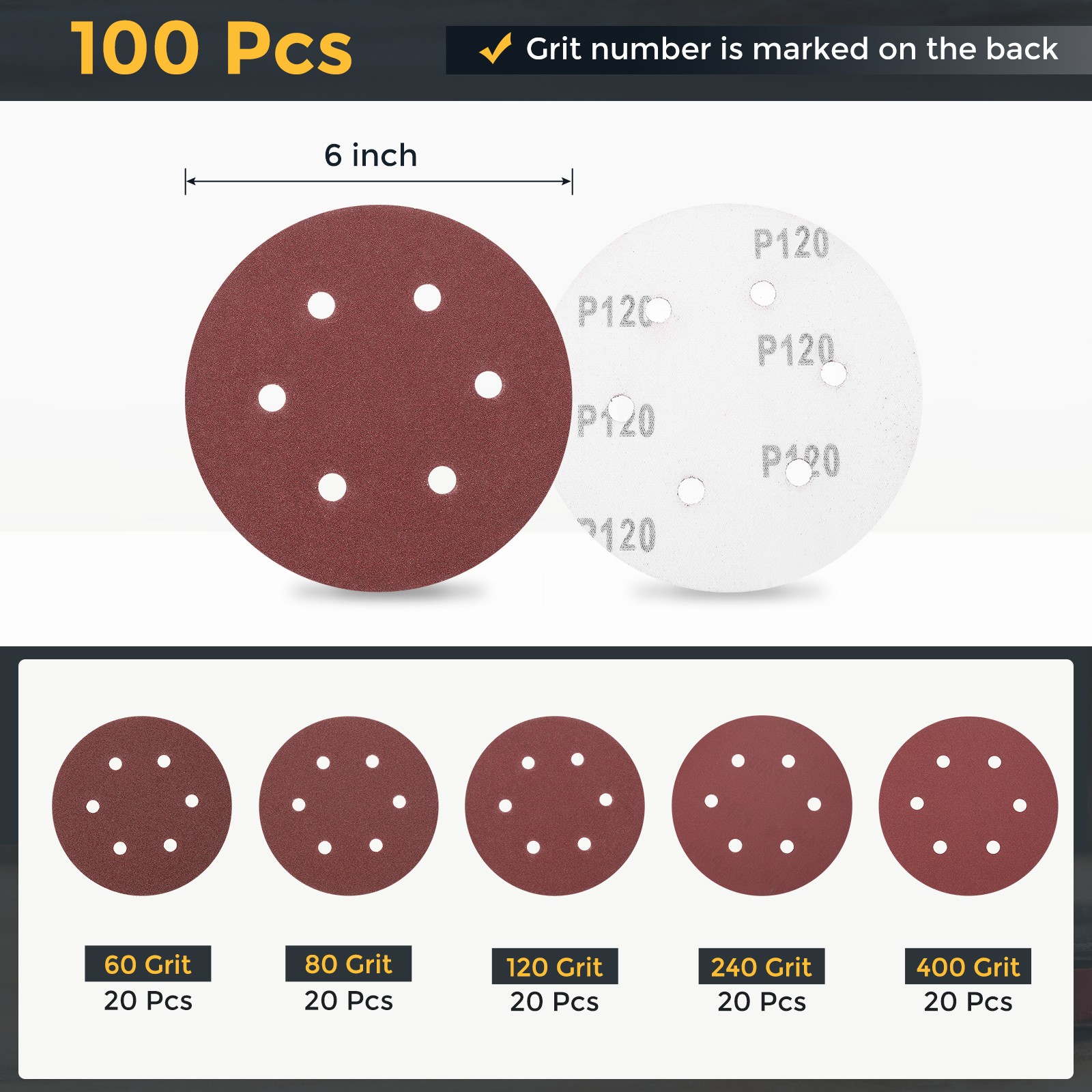 100 Pcs 6 Inch Sanding Disc 6 Hole 60/80/120/240/400 Grit Hook and Loop