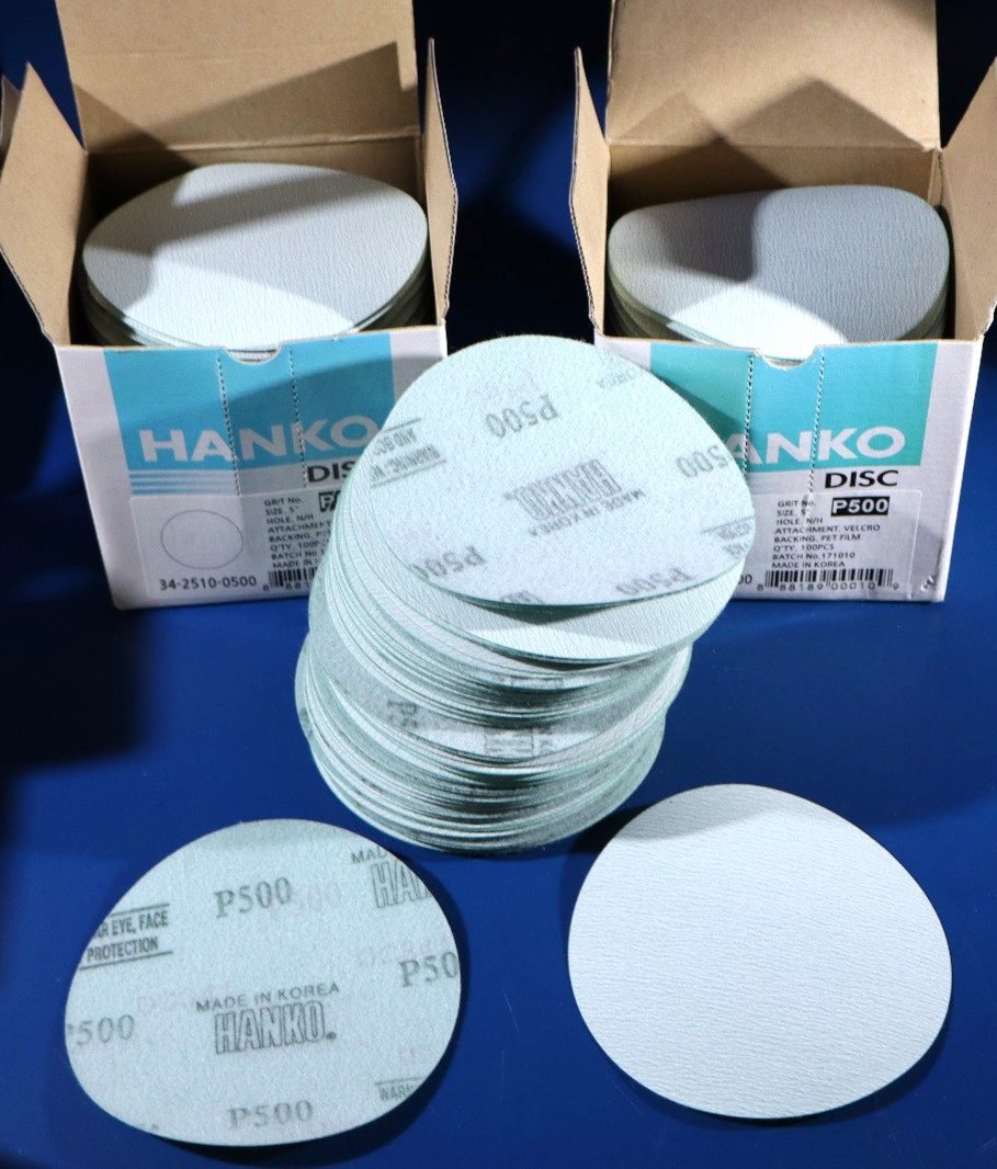 Hanko Disc 5″Grit P500 Hole N/H Attachment Velero Backing pet Film Lot of 300