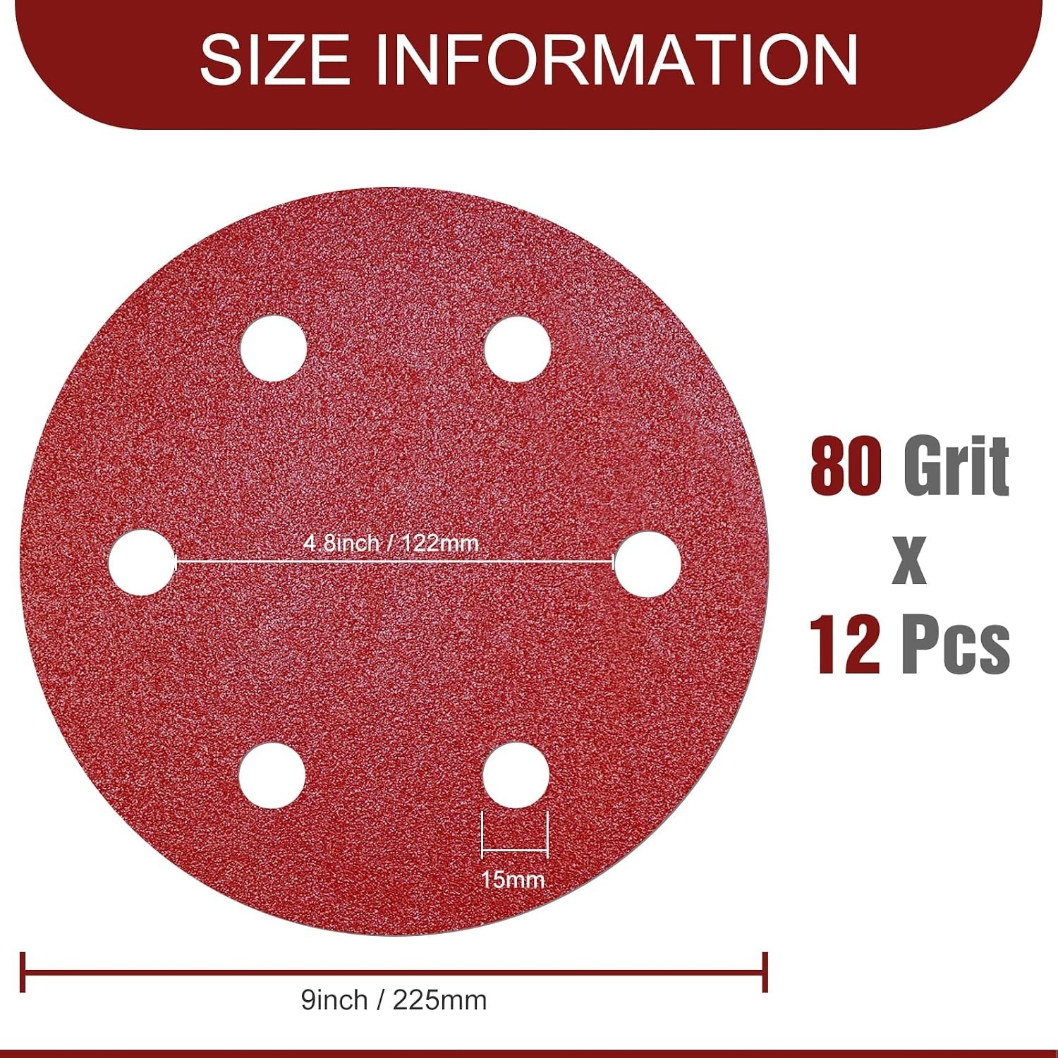 80 Grit Sanding Discs 9 Inch 6 Hole Hook and Loop 12PCS