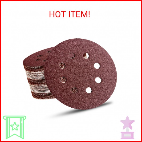 52 Pack 5 Inch 8-Hole Hook and Loop Sanding Discs Sandpaper Red Round 60 80 120