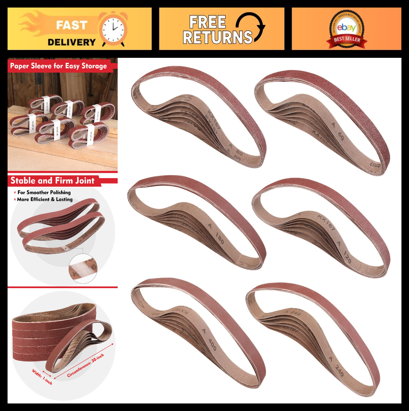 36-Pack Sanding Belts 1″x30″ Aluminum Oxide – 60/80/120/180/240/400 Grits for Wo