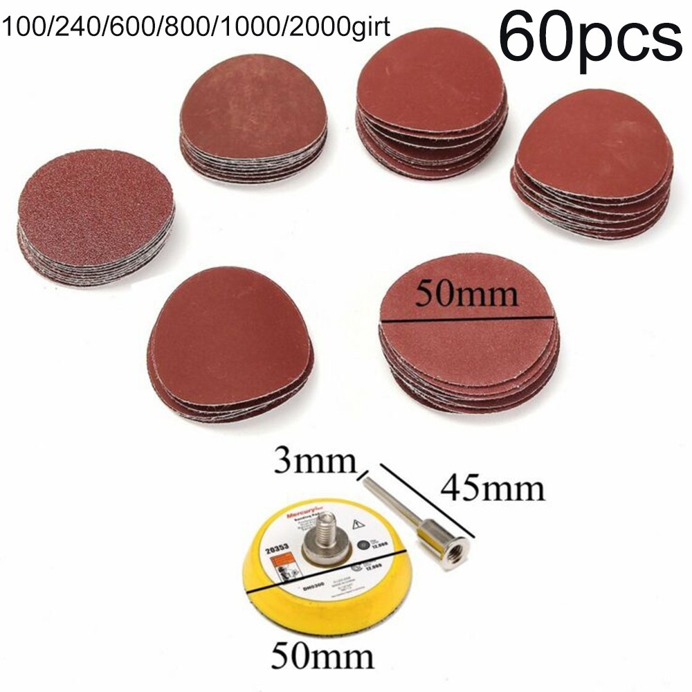 60Pcs 2in Sanding Discs +50mm Hook &Loop Sandpaper Backing Pad 100-2000grit