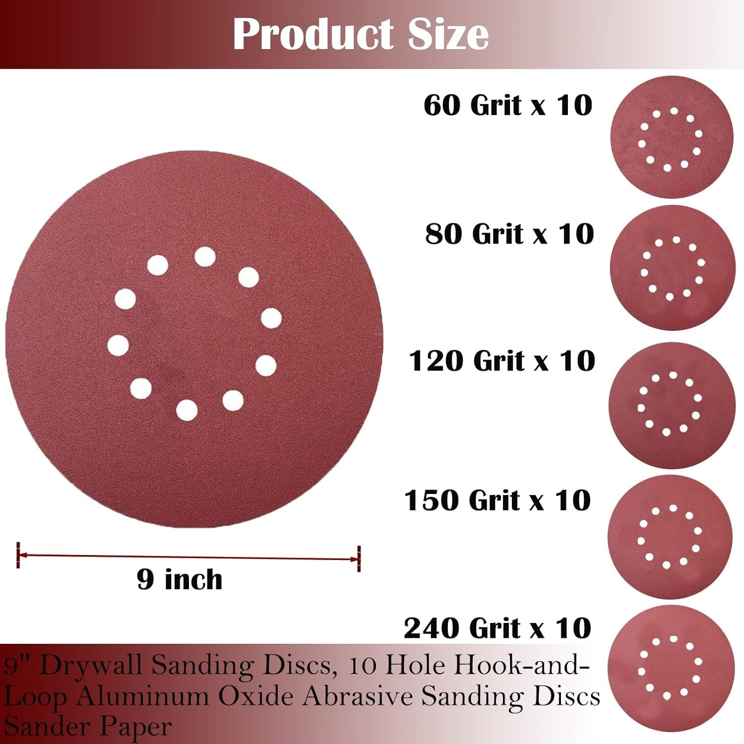 Sandpaper Discs 9 Inch 50 PCS Hook and Loop Grits for Drywall Sander
