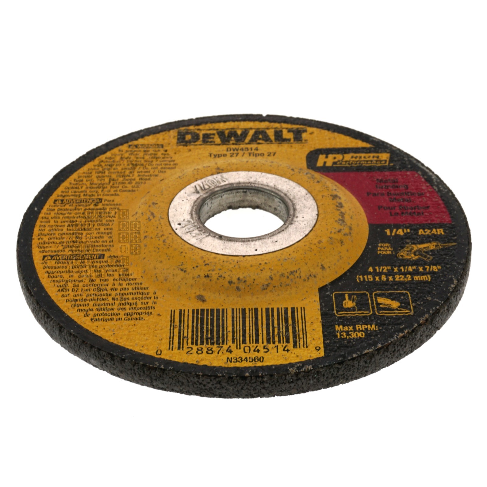 DeWALT DW4514 4-1/2″ Diameter Aluminum Oxide Abrasive Grinding Wheel, 1/4″ Thick