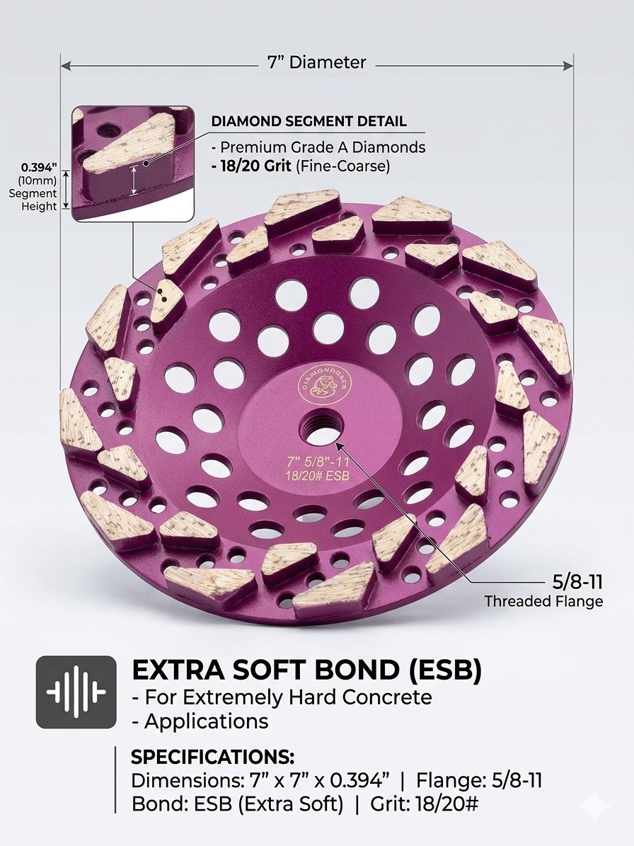 7″ Aggressive Diamond Cup Wheel 18/20 ES Bond Hard Concrete, Epoxy,Thinset, Glue