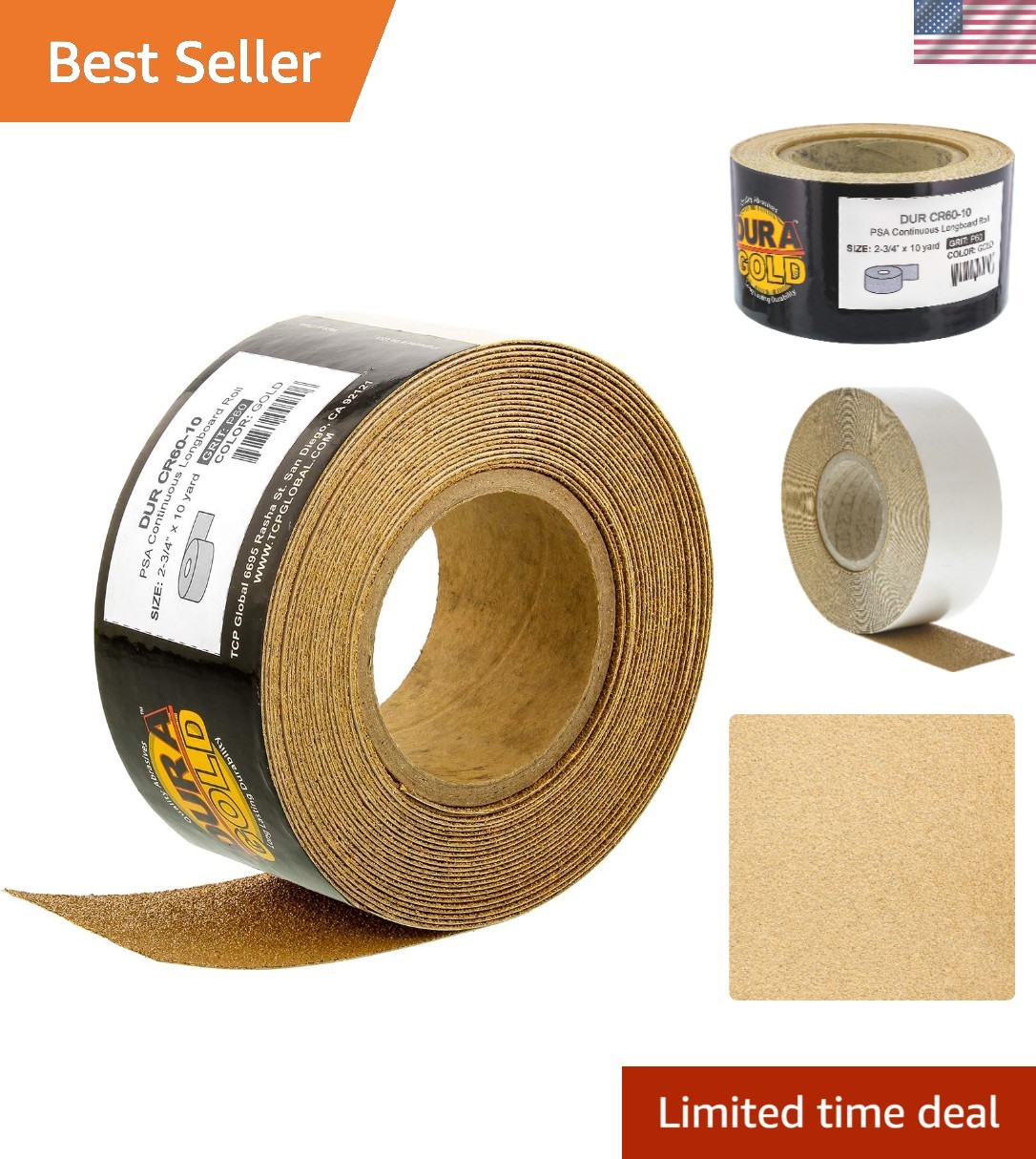 10 Yard Gold 60 Grit Sandpaper – Clog-Resistant PSA Roll, 2-3/4″ Wide