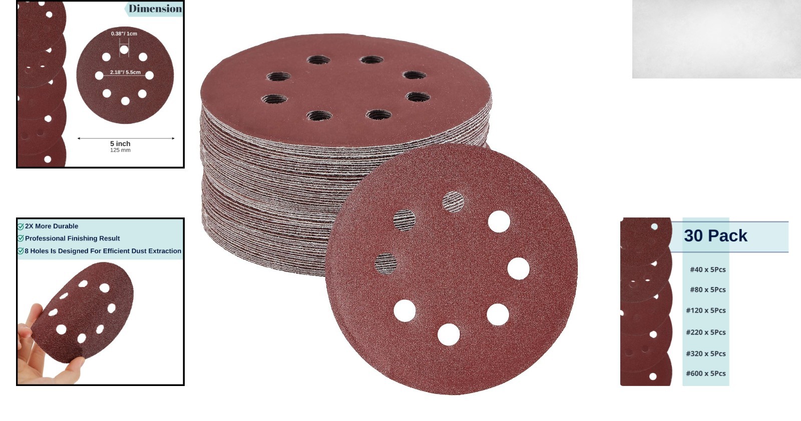 Bates 30-Pack 5-Inch Sanding Discs – Assorted Grits 40-600 for Orbital Sanders