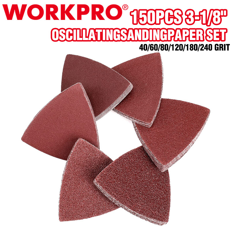 WORKPRO 150PCS 3-1/8″ Triangle Sanding Pads Hook Loop 40/60/80/120/180/240 Grits