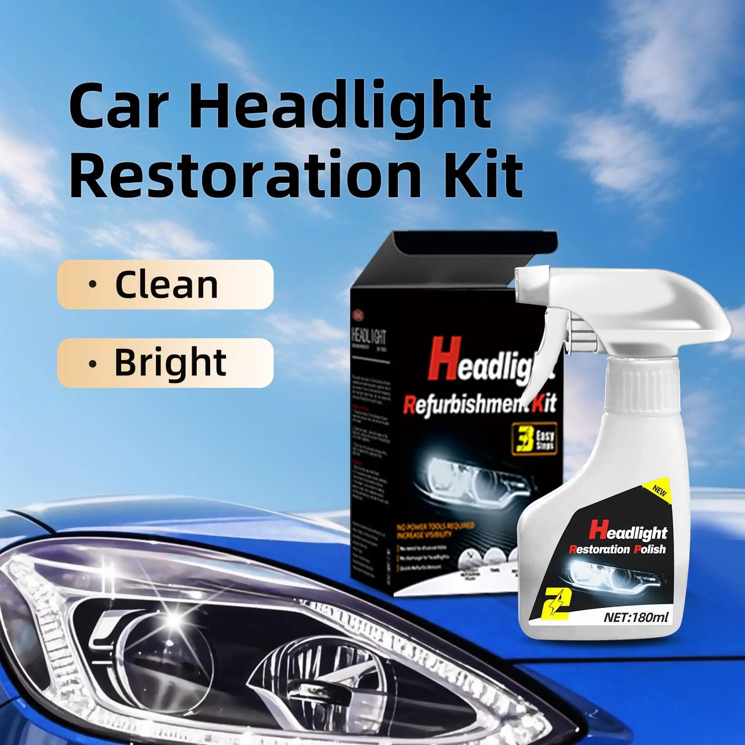 Car Headlight Restoration Kit, Quick & Simple Spray-On Formula for Oxidized