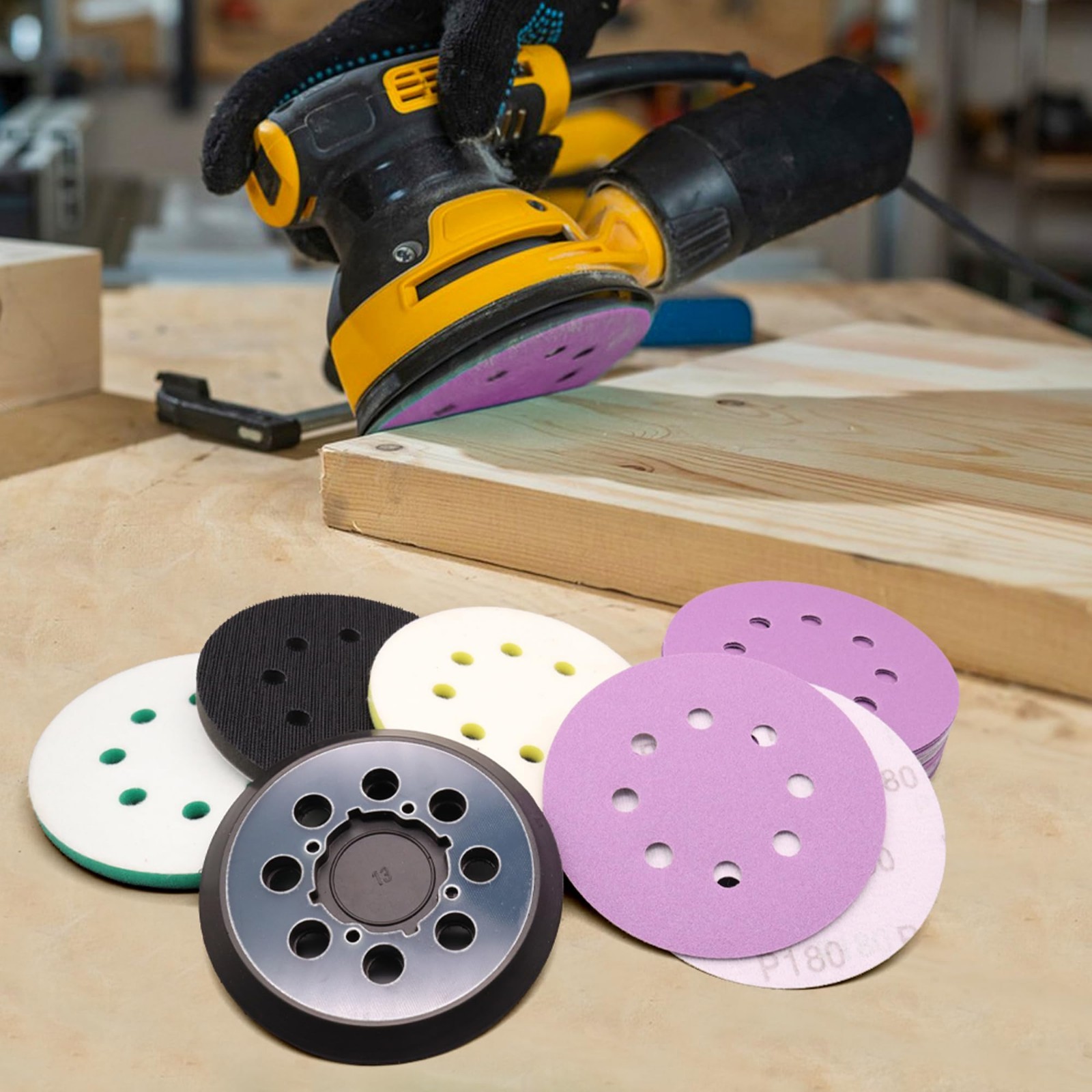 5″ Sander Pad Compatible with Random Orbit Sanders, 4 Foam Pads & 30 Ceramic Dis