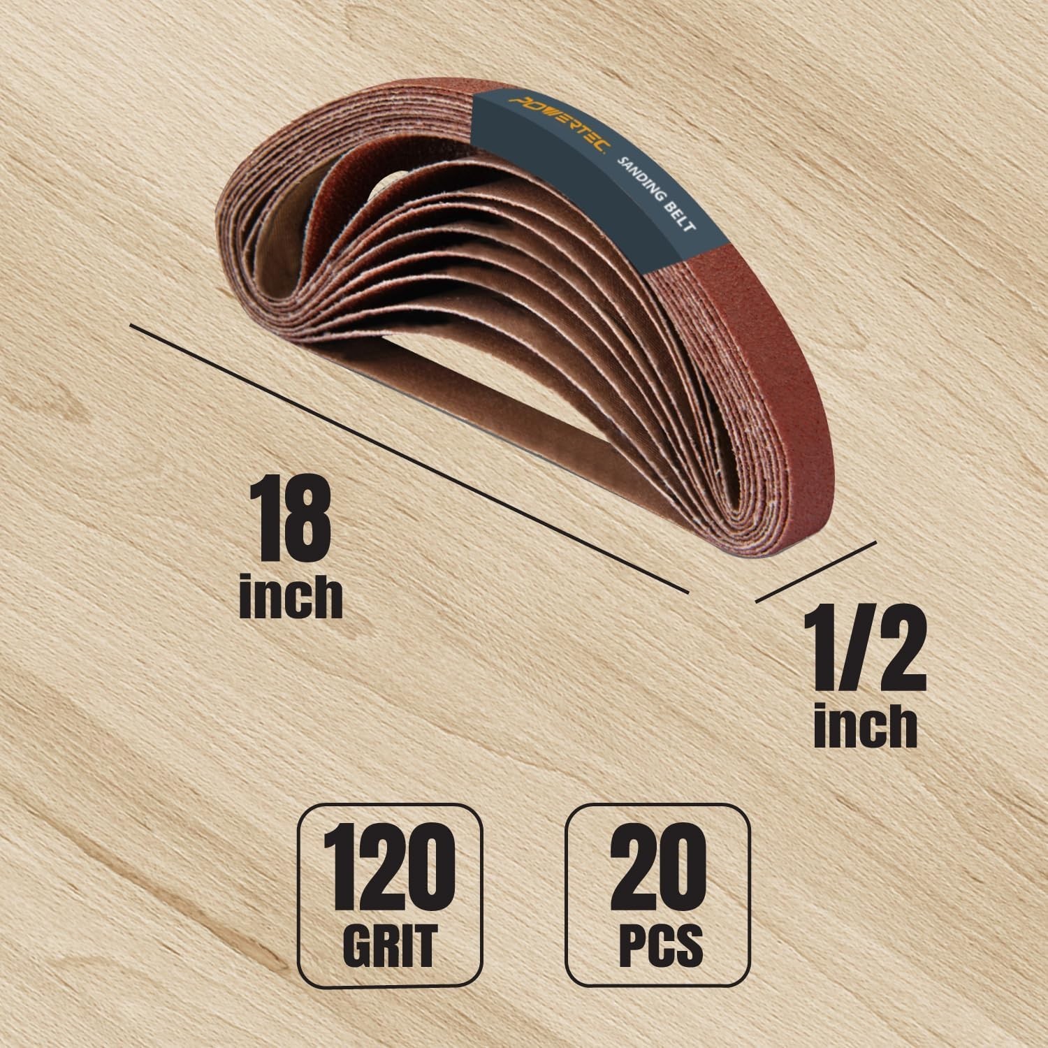 POWERTEC 120 Grit 1/2 x18″ Sanding Belts Aluminum Oxide Sandpaper, 20PK (401812)