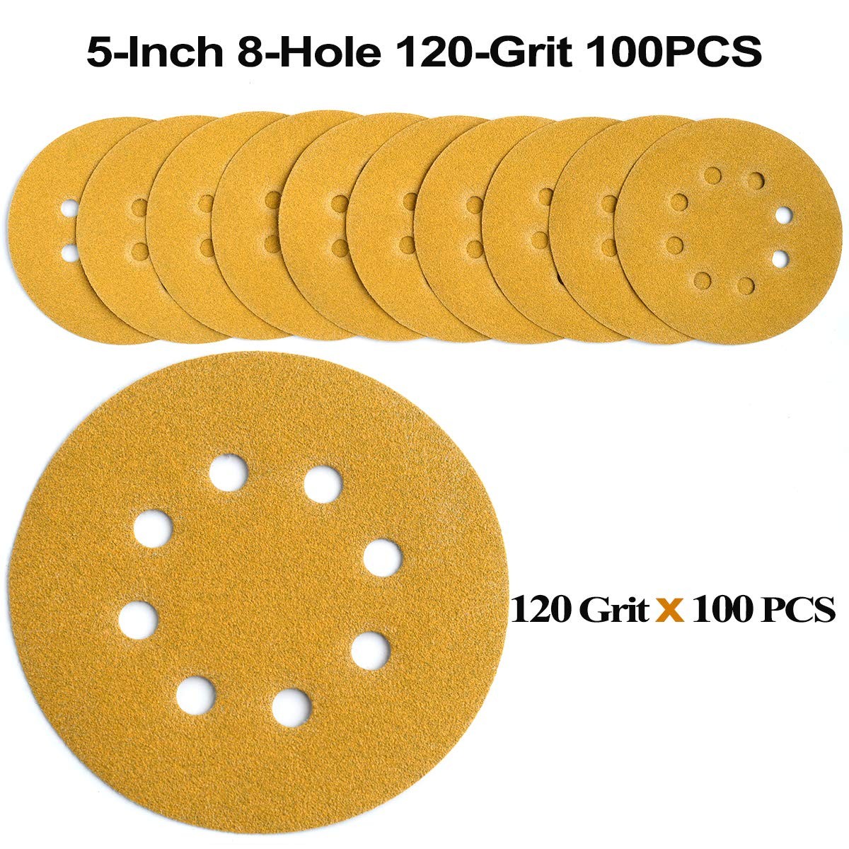100PCS Sanding Discs 5″ 8-Hole 120 Grit Orbital Sander Pads Sandpaper Gold NEW