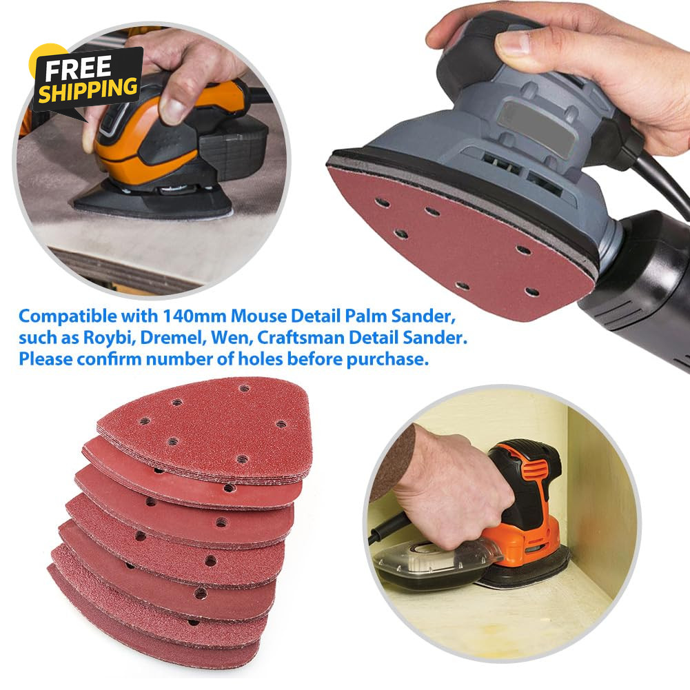 Mouse Sander Sandpaper, 70PCS, 6 Hole Triangle Sanding Pads for Ryobi Detail