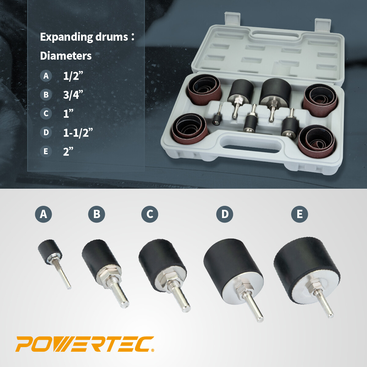 POWERTEC Drill Press Sanding Drum Kit w/ 1/4″, 1/8″ attachments – 25pcs (71635)