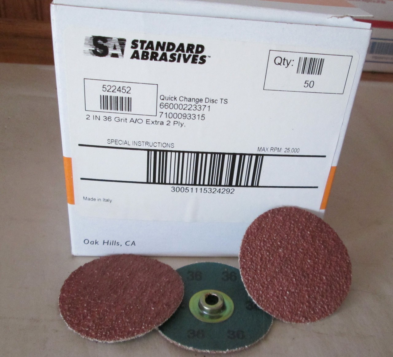 QTY: 50, 3M, ROLOC TS ABRASIVE DISC, 2 in., GRIT 36, Standard Abrasives