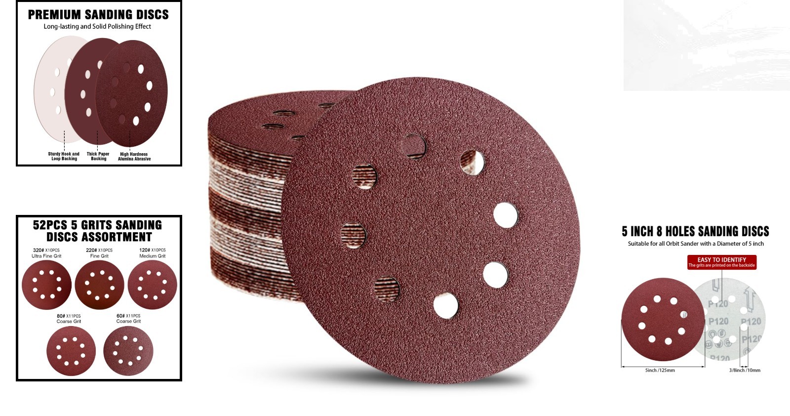 52 Pack 5″ Hook and Loop Sanding Discs for Orbital Sanders – Mixed Grits