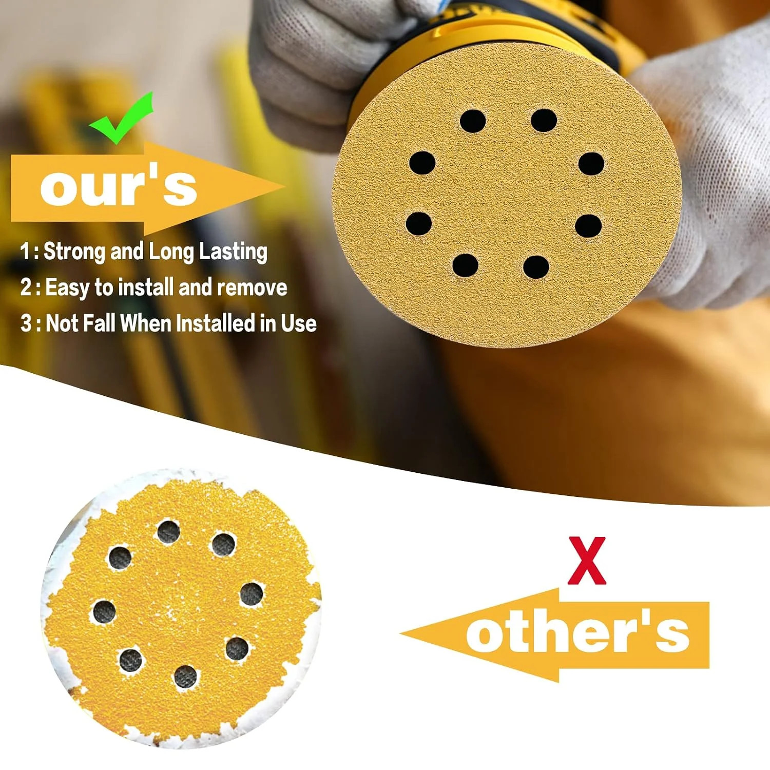 100PCS 5 Inch 8 Hole Sanding Discs 60 Grit,Gold Round Hook and Loop Sandpaper fo